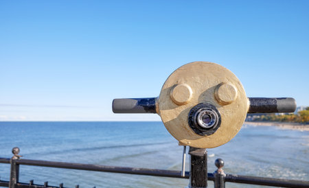Viewing scope at a viewpoint facing the sea, selective focus.の写真素材