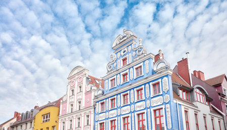 Facades of old residential buildings in Szczecin, Poland.の写真素材