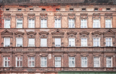Facades of old residential buildings in Szczecin, Poland.の写真素材