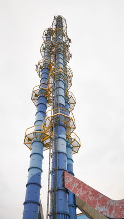 The chimney of a coal fired power plant supplying the district heating network.の写真素材