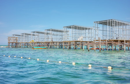 Open sea over water bungalows construction site, Borneo, Malaysia.