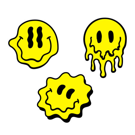 Melting or dripping smiles. Set of psychedelic smiles isolated on white background. Set of vector iconsのイラスト素材