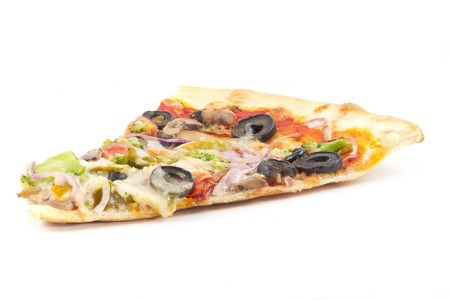 Vegetarian slice of pizza with black olives isolated on whiteの写真素材