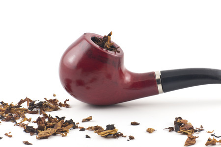 Pipe, tobacco, cigarettes, cigars, smoking, etc. on red leather backgroundの写真素材