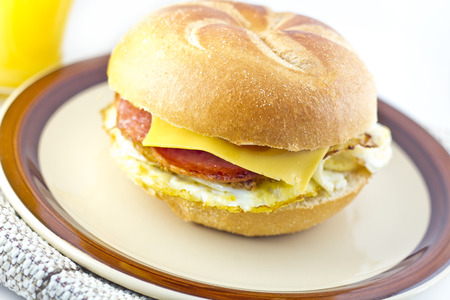 Taylor ham, pork roll, egg and cheese breakfast sandwich on a kaiser roll from New Jerseyの写真素材