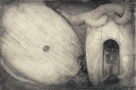 Antique pulley closeup in vintage black and white stylized photographの写真素材