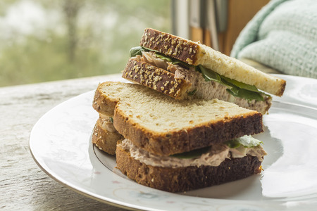 Whole wheat tuna salad sandwich with a glass of milkの写真素材