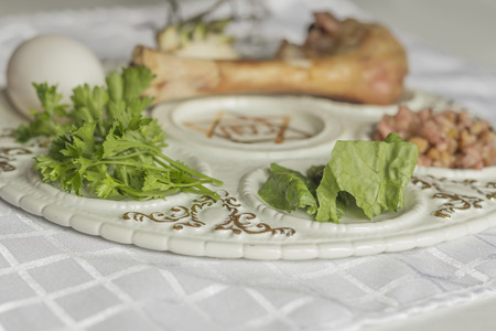 Jewish seder plate. Six foods make up this passover meal.