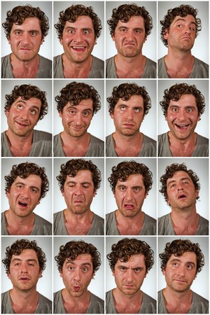 Regular average looking man making various facial expressions in collage