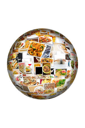 Globe collage of lots of popular worldwide dinner foods and appetizersの写真素材