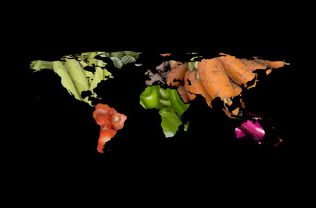 World map collage of lots of popular fruits and vegetablesの写真素材