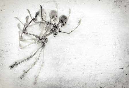 Silly dancing medical skeleton on grunge vintage backgroundの写真素材