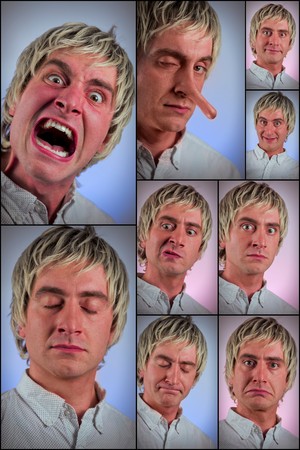 Silly man making various facial expressions in collage imageryの写真素材