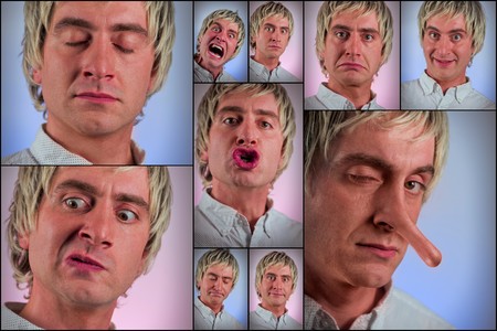 Silly man making various facial expressions in collage imageryの写真素材