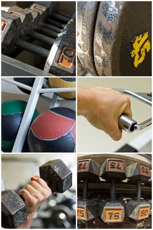 Weightlifting collage including various dumbbells and fitness ballsの写真素材