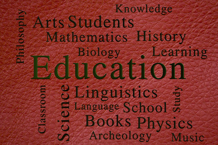 Education classroom subjects and related words in wordcloud on textured background