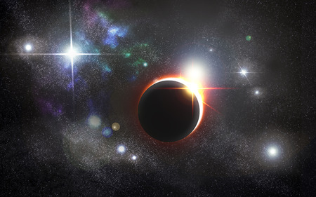 Bright eclipse starscape backdrop with colorful space clouds