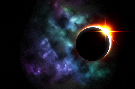 Bright eclipse starscape backdrop with colorful space clouds