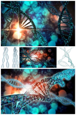 3D DNA strand collage with vibrant colors for genetics backgroundの写真素材