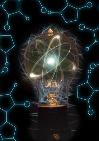Atomic particle as lightbulb filament for nuclear energy imagery