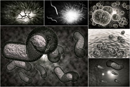 3D microscope close up of various bacteria in collage imageryの写真素材