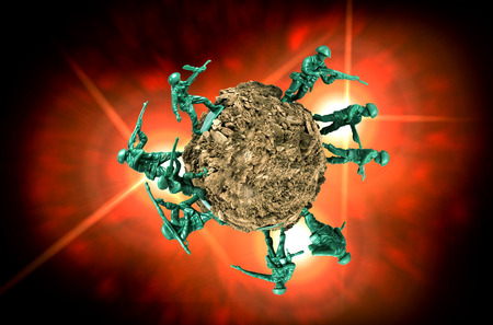 Toy soldiers march along uninhabited globeの写真素材