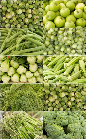 Variety of popular farmers market fruits and vegetables in produce collage imageryの写真素材