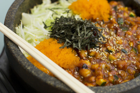 Fresh authentic Korean nakji bibimbap in hot steaming bowlの写真素材