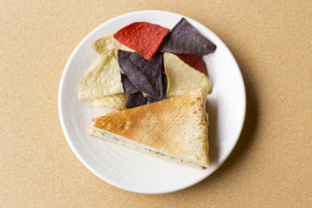 Triangle sliced tuna salad panini with colorful tortilla chips