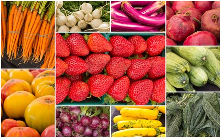 Variety of popular farmers market fruits and vegetables in produce collage imageryの写真素材
