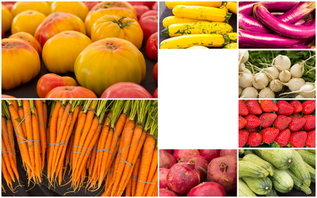 Variety of popular farmers market fruits and vegetables in produce collage imageryの写真素材