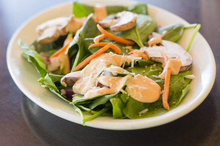 Fresh organic garden salad with creamy thousand island dressingの写真素材