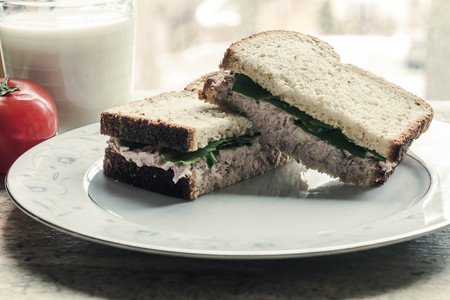 Whole wheat tuna salad sandwich with a glass of milkの写真素材