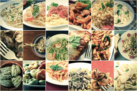 Popular pasta Italian dishes in food collage imageryの写真素材