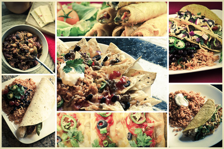 Collage of various Mexican dishes including enchiladas taquidos nachos and fajitasの写真素材