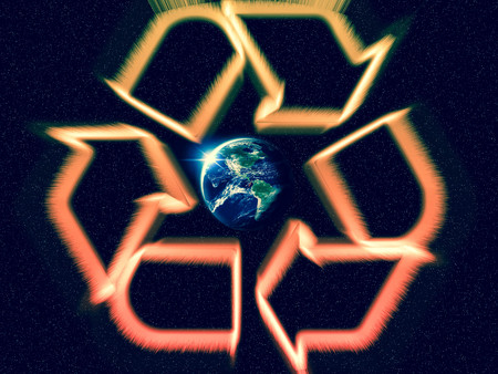 Giant glowing recycle symbol floating in outerspace, save planet earth, Elements of image provided by NASAの写真素材