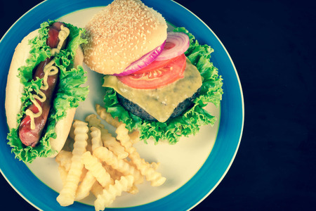 Hamburger with cheese hotdog and crinkle friesの写真素材