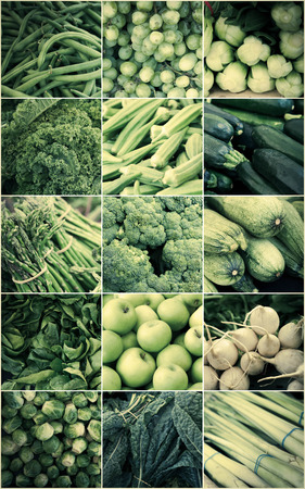 Variety of popular farmers market fruits and vegetables in produce collage imageryの写真素材