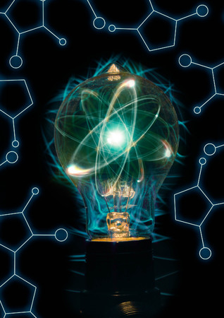 Atomic particle as lightbulb filament for nuclear energy imageryの写真素材