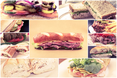 Variety of popular sandwiches in lunchtime food collage imageryの写真素材