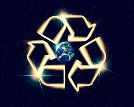 Giant glowing recycle symbol floating in outerspace, save planet earth, Elements of image provided by NASAの写真素材