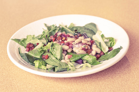Cannellini bean salad on bed of romaine lettuce with diced sauteed tomatoの写真素材
