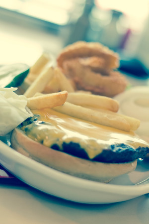 Hamburger with cheese pickle fries and just about everythingの写真素材