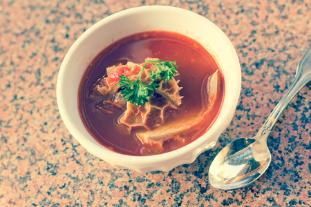 Trippa Alla Roma Tripe soup with red tomato sauce and parsleyの写真素材
