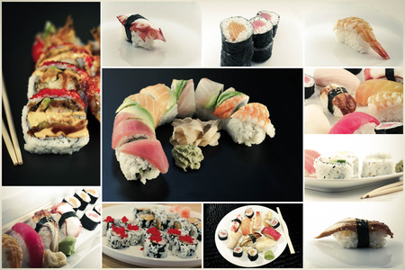 Variety of popular sushi rolls in Japanese food collage imageryの写真素材