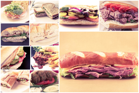 Variety of popular sandwiches in lunchtime food collage imageryの写真素材
