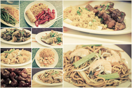 Various popular Chinese food take out dishes in collage imageの写真素材