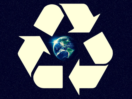 Giant glowing recycle symbol floating in outerspace, save planet earth, Elements of image provided by NASAの写真素材