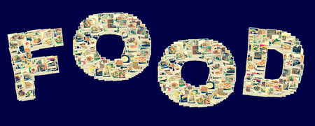 Word food collage of lots of popular worldwide dinner foods and appetizersの写真素材