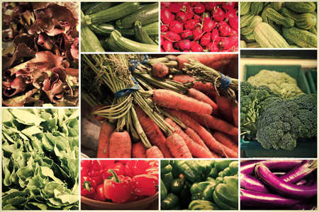 Variety of popular farmers market vegetables in produce collage imageryの写真素材